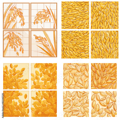 Detailed rice plant and grain illustrations arranged in square patterns with golden hues. Suitable for agricultural themes food design natural backgrounds and organic botanical artwork.