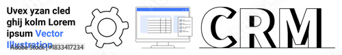 Business solutions, data management, customer service, automation tools, workflow optimization, productivity enhancement. Gear icon with a screen interface and CRM text. Business solutions and data