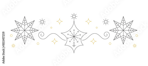 Elegant luxury Christmas star border design in black and gold line art style featuring decorative swirls, sparkles and festive celestial elements