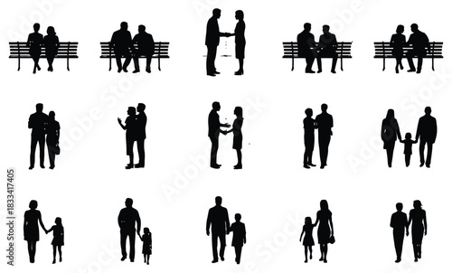 Silhouettes of diverse people in various interactions: couples, families, business, and individuals.