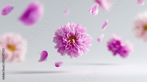 Vibrant pink dahlia with floating petals on soft gray background