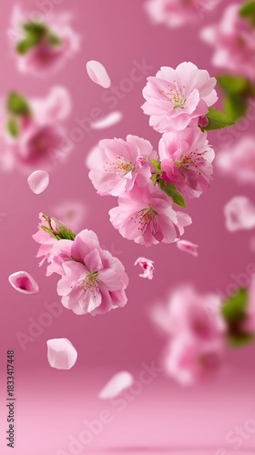 Floating cherry blossoms on soft pink background