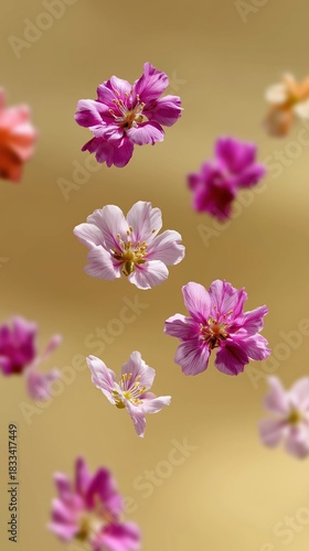 Floating pink and purple flowers on a soft beige background
