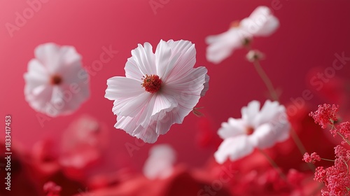 Close-up of delicate pink flowers on vibrant red background