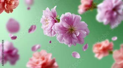 Pink cherry blossoms floating on a soft green background