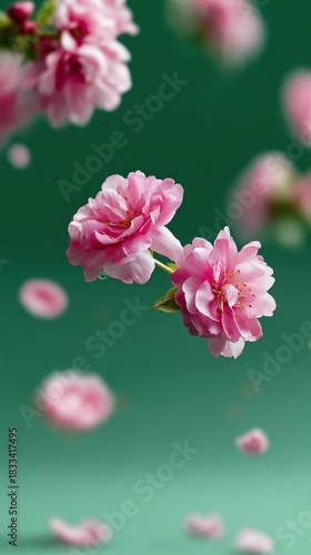 Floating pink cherry blossoms on a soft green background