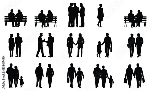 Silhouettes of diverse people in various interactions: couples, families, business, and individuals.