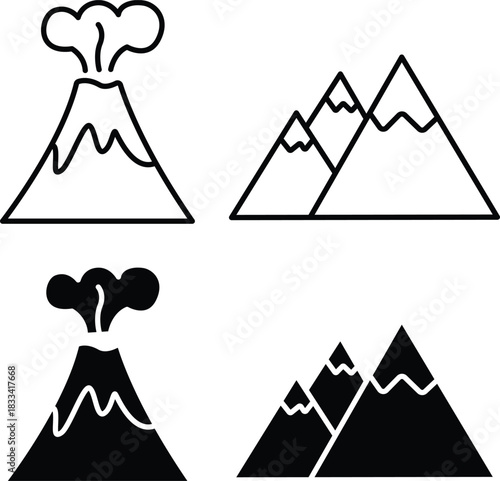 Volcano and Mountain Range Nature Landscape Icon Set Vector Silhouette and Pictogram..eps
