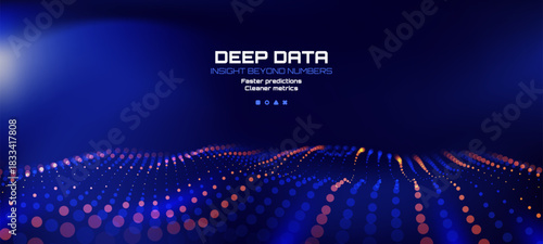 Deep data insight beyond numbers concept with wave of colorful dots on dark blue background, faster prediction.