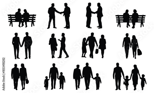 Silhouettes of diverse people in various interactions: couples, families, business, and individuals.