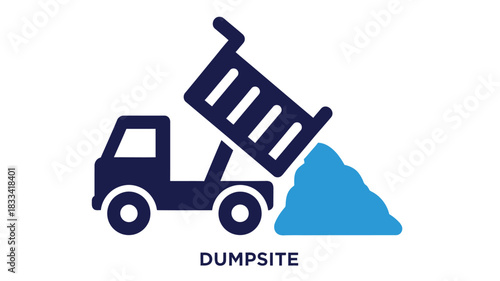 Blue dump truck icon unloading a pile of material at a dumpsite location