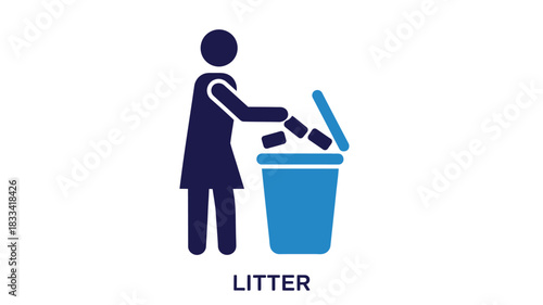 A person disposing of waste into a blue trash bin illustrating proper litter management