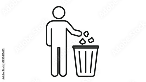A simple line drawing depicts a person disposing of waste into a trash receptacle
