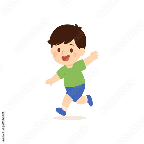 Child running cartoon boy playful movement. Happy character vector isolated cute boy energetic motion fun childhood design