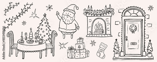 Festive Christmas dinner party doodle with a decorated table, fireplace, fun Santa and doorway framed in garland and trees. Presents and stocking add playful cozy holiday party mood. Vector sketch