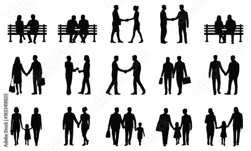 Silhouettes of diverse people in various interactions: couples, families, business, and individuals.