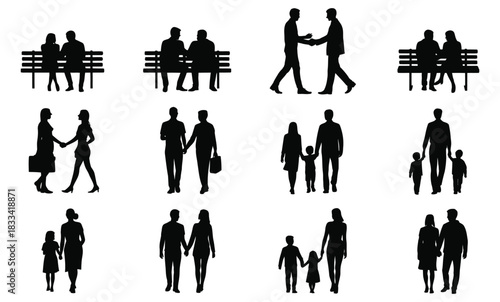 Silhouettes of diverse people in various interactions: couples, families, business, and individuals.