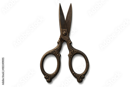 Vintage ornate embroidery scissors with bronze finish and intricate details, ideal for crafting and antique themes, transparent background