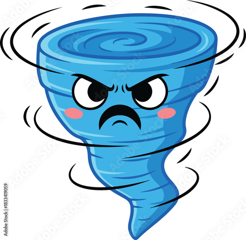 Angry cartoon blue tornado vortex character illustration depicting bad weather, storm, or a challenging situation with furious expression
