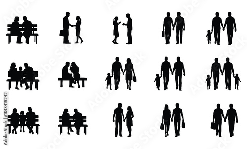 Silhouettes of diverse people in various interactions: couples, families, business, and individuals.