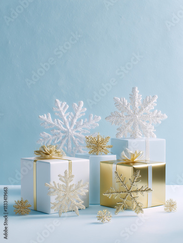 Gold and white gifts with sparkling snowflakes on blue background