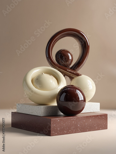 Abstract chocolate confection sculpture arrangement on pedestals