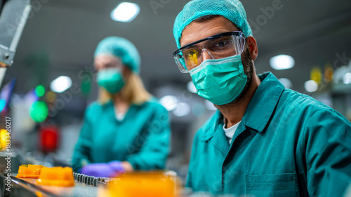 A man in a teal surgical coat, medical mask and goggles looks at the camera while working on an assembly line with other workers behind him