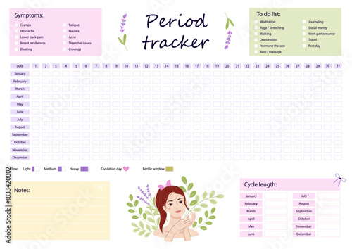 Illustrated menstrual cycle planner designed for women to track periods, ovulation, PMS and self-care. Daily checklists, notes, reminders, floral style for personal health organization.