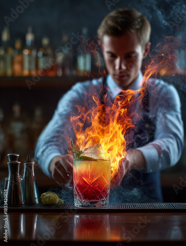 Bartender preparing fiery craft cocktail with showmanship