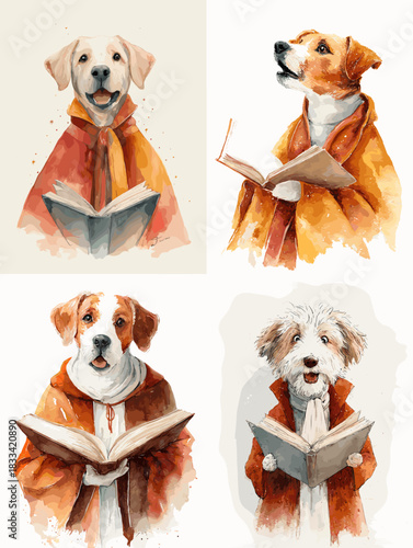 Charming watercolor dog illustrations dressed in warm scarves and coats while reading books. Ideal for literary art children stories cozy themes education design and whimsical decor.