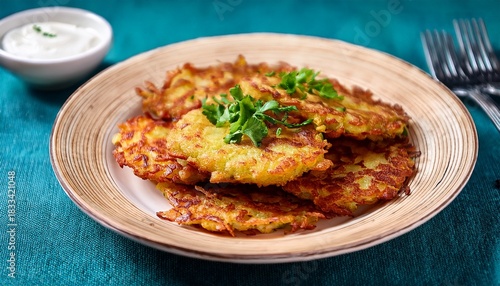 crispy latkes golden brown potato pancakes perfectly fried and garnished with fresh green herbs serving as a delicious hanukkah tradition and comforting appetizer