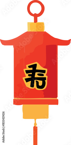 A bright red Chinese lantern with a gold top, flowing bottom tassel, and a bold black character symbolizing luck and longevity.