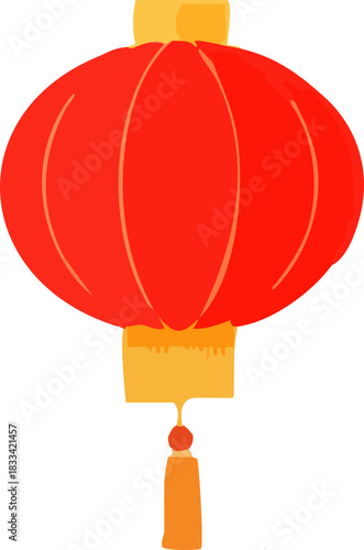A bright red traditional Chinese lantern with soft curved panels and golden decorative accents hangs elegantly as a festive Lunar New Year symbol.