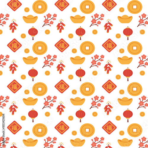 A festive seamless pattern featuring Chinese New Year symbols like lanterns, lucky coins, firecrackers, plum blossoms, and gold ingots