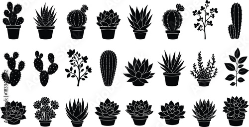 Black Silhouette Potted Plants Collection, Succulent Cactus Leafy Botanical Icons,