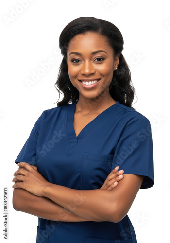 A smiling young african american woman wearing navy blue scrubs with her arms crossed isolated on transparent background