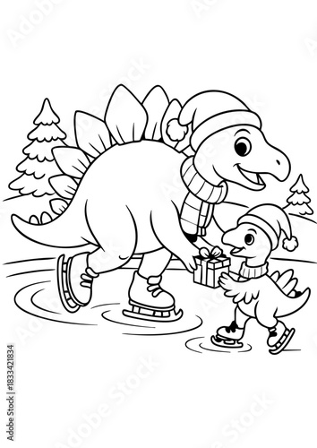Weihnachtsmotiv: Stegosaurus - Dinosaurier übergibt ein Geschenk an sein Kind auf dem Eis.