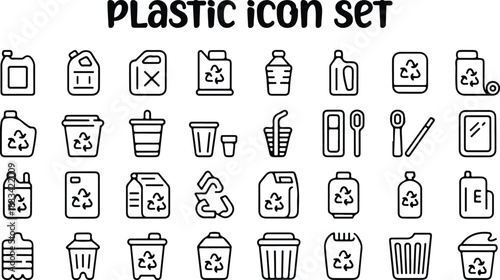 Various plastic containers and receptacles display reuse symbol in a black outline on white