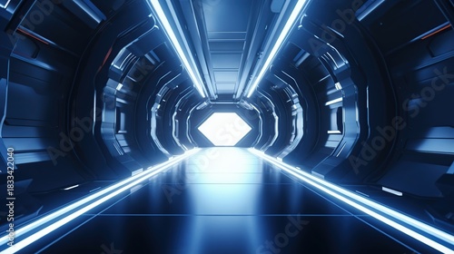 Fototapeta Naklejka Na Ścianę i Meble -  Futuristic Sci-Fi Hallway with Bright Diamond-Shaped Light at the End