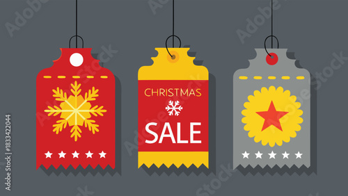 Christmas sale tags in red and green on a black background, promoting holiday discounts and festive shopping.eps