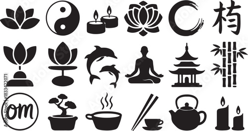 Yoga symbols with lotus, Yin Yang, zen circle, and other spa elements in black color