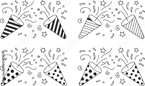 A set of black and white party poppers explodes with confetti and stars outlines