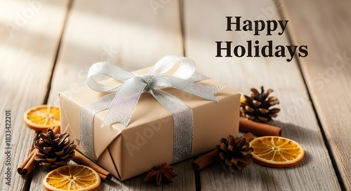 Festive gift box wrapped in kraft paper with a silver ribbon and bow, surrounded by pine cones, cinnamon, dried orange, and star anise.