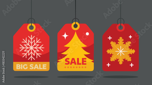 Colorful Christmas sale tags displayed on a black background, highlighting seasonal offers and promotions..eps