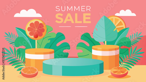Summer sale banner template featuring vibrant colors and bold text promoting discounts on seasonal products..eps