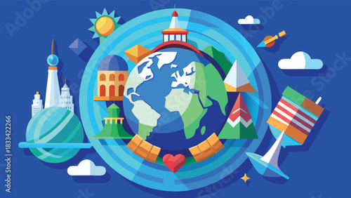 colorful world map with travel symbols, representing the adventure of global exploration and travel experiences..eps