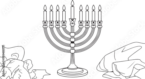 Black and white Hanukkah menorah with nine candles and drapery adds festive atmosphere