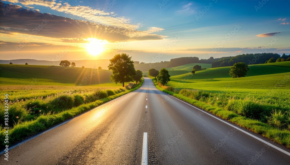Naklejka premium background of a quiet countryside road, surrounded by green fields and small trees