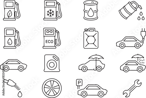 Black outline icons represent car industry elements on a white transparent background