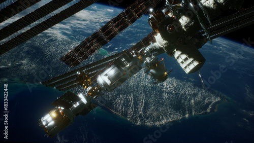 Φωτογραφία The International Space Station orbits Earth, casting a breathtaking silhouette against the blue planet and swirling clouds during a serene dusk